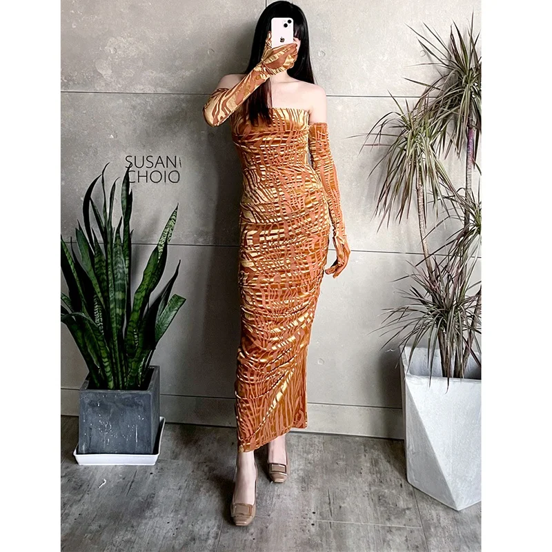 Susan Original ZP Sexy Bruin Fluwelen Bodycon Dr Handschoenen Dames Lange Sve Lente Zomer Pure Kleur Woon-werkverkeer