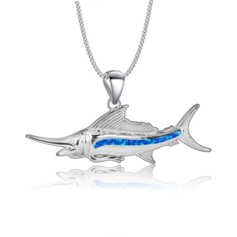 Sailfish Pendant Necklace with Blue Opal,Silver Plated Marine Life Jewelry,Elegant Ocean Themed Boho Style Gift for Men Women