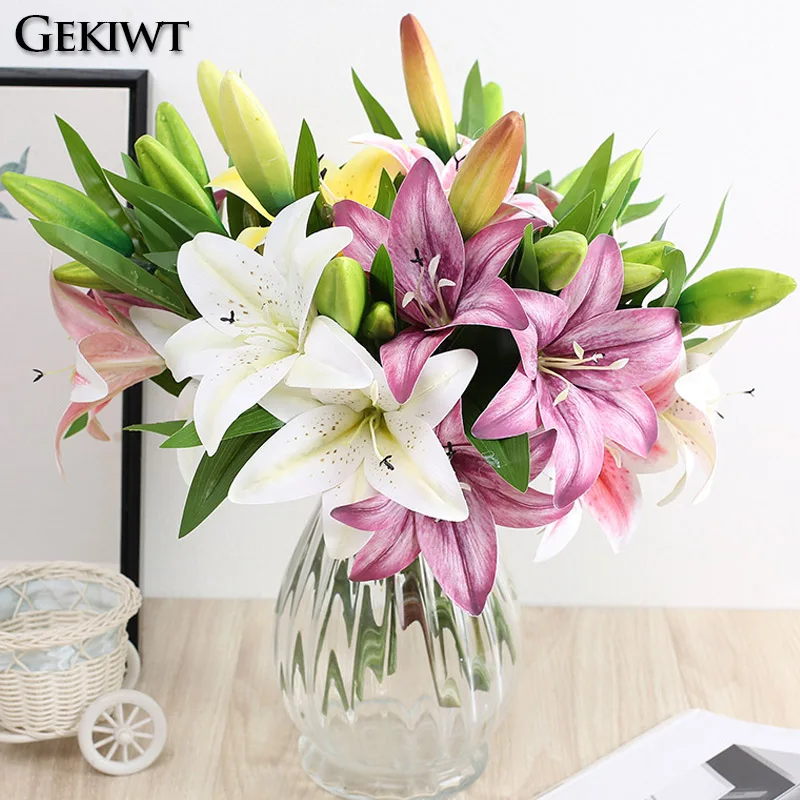 Artificial Lily Flower Real Looking 3D Printing Artificial Flowers Fake Flowers Flores for Wedding Home Garden Ornaments