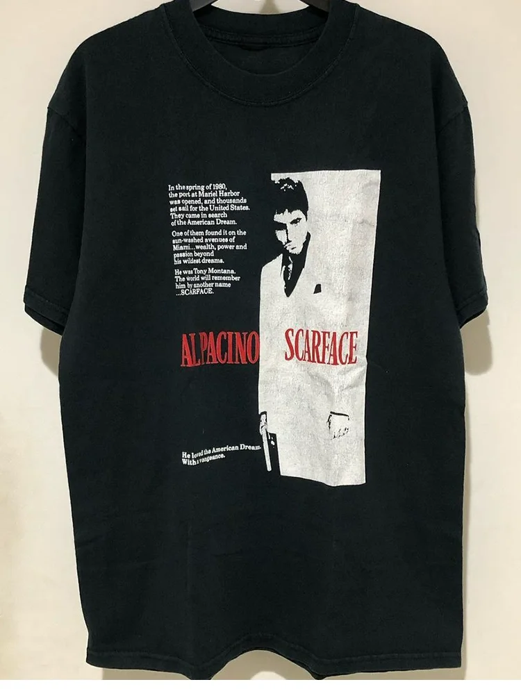 Classic European & American Movies 17FW Scarface Split Tale Al Pacino Short-Sleeved T-Shirt Vintage Film Merchandise.cotton t shirt, 100% cotton tee, soft breathable t-shirt, summer short sleevetops, unisex graphic tee, plus size t shirts                .