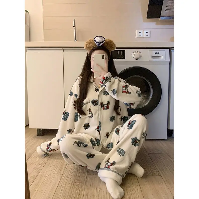 Popular  Women Pajamas Set Winter Warm Coral Fleece Flannel Sleepwear Long Sleeve Homewear Loungewear Cozy Home Outfit