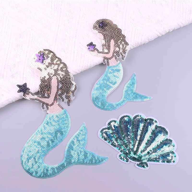 Mermaid Shell Sequins Patches For Clothing Stickers DIY Wngs Sequins Patch Iron On Patches On Clothes Unicorn Sewing Applique