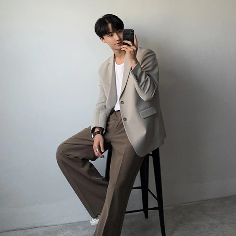 Korean Casual Notched Collar Blazers Men Autumn Loose Solid Color Single Breasted Suit Jackets Office Popular Interview Suits