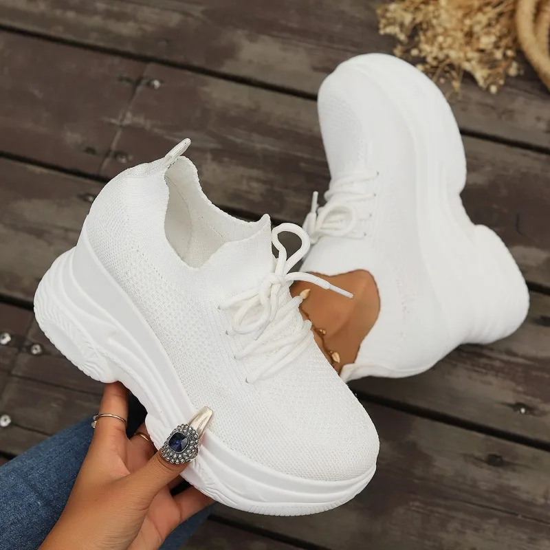Women Shoes New Breathable Mesh Casual Shoes Height Increasing Thick Soled Sports Shoe Platform Sneakers Lace Up Vulcanize Shoes