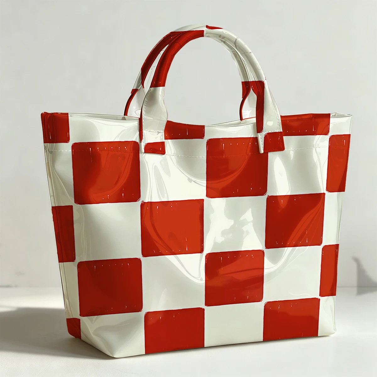 Red and white square Fashion Bag Transparent PVC Waterproof Handbag Large Capacity Daily Commute Shoulder Tote Mummy Bag