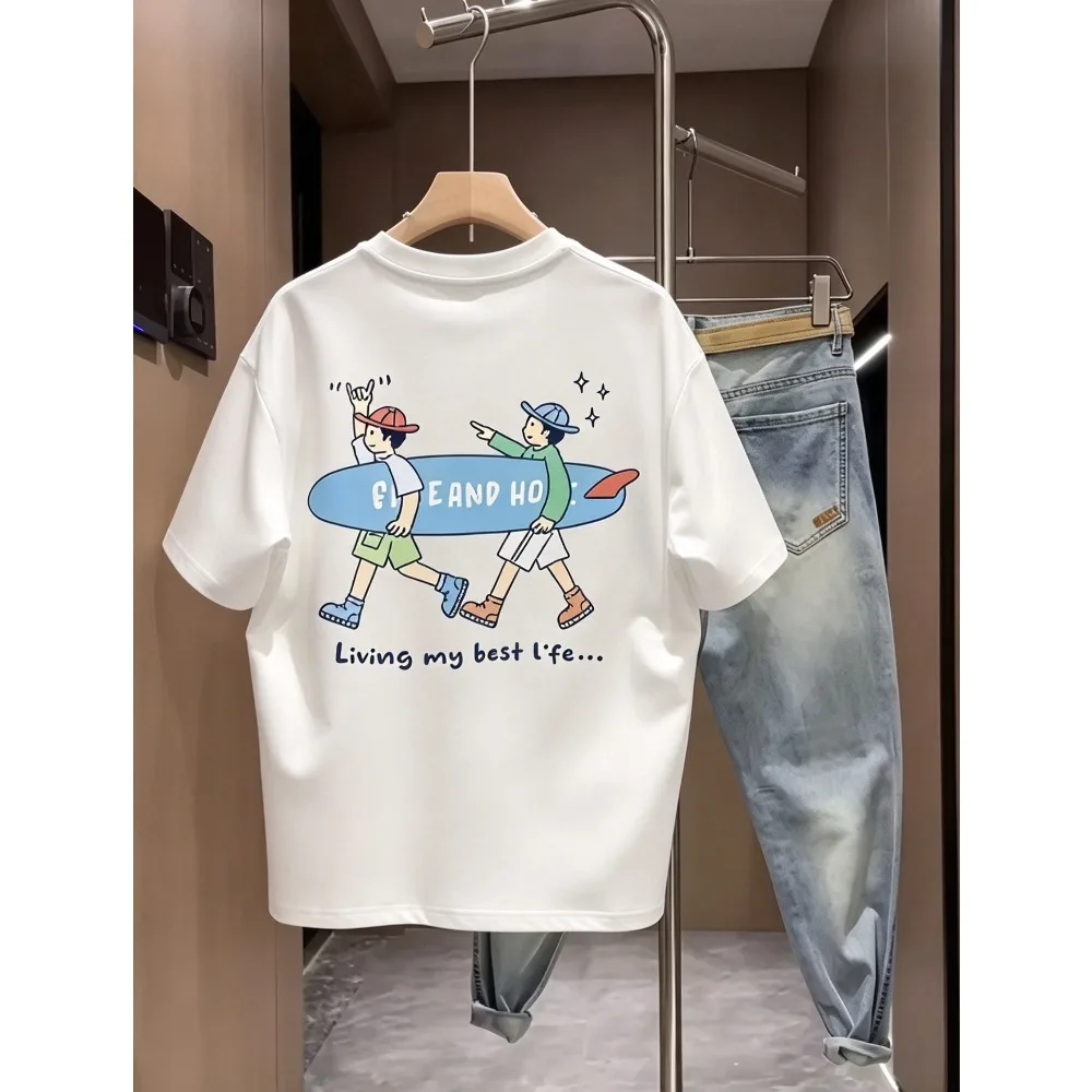 2026 New Men Vacation Casual Streetwear Short Sleeve Tee, Surfing Friends Cartoon Graphic T-shirt, Summer Fashion Top