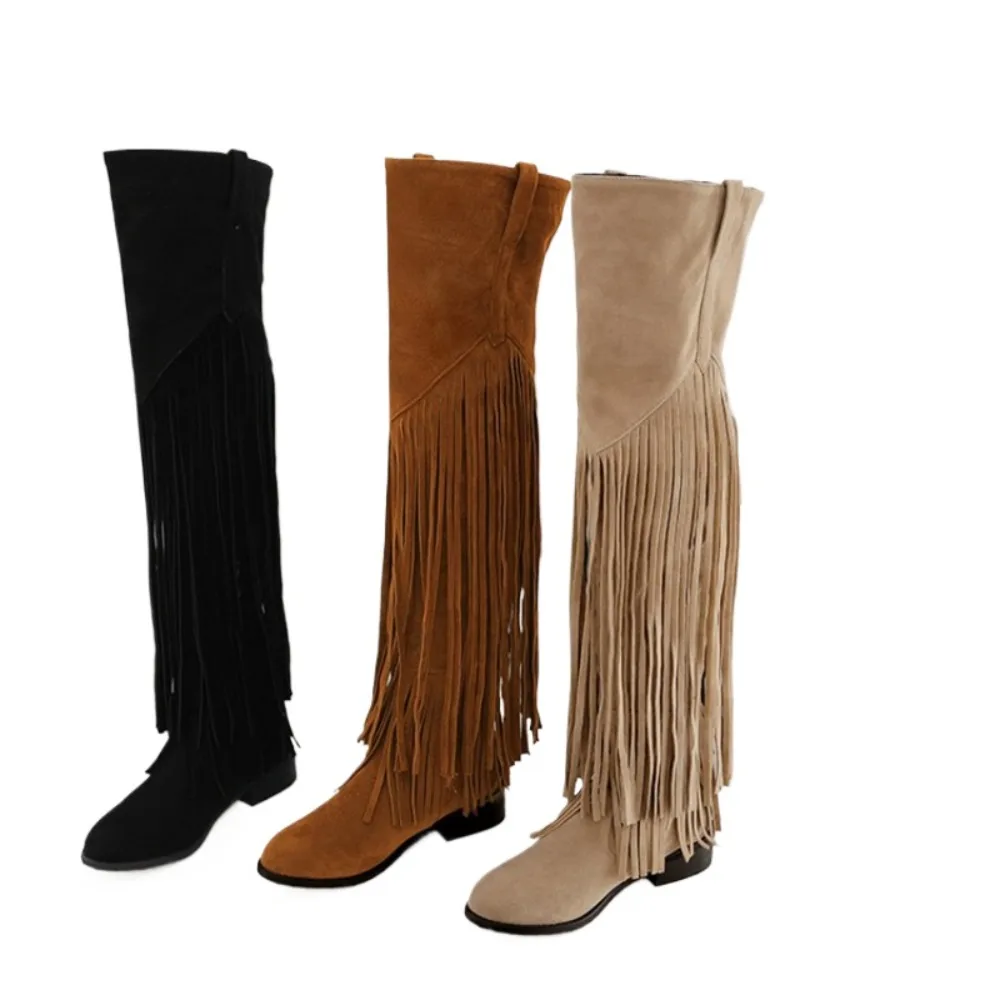 

Высокие сапоги выше колена женские бохо с этнической кисточкой из искусственной замши теплые длинные сапоги на плоской подошве женские супер большие размеры 52 53 54 20-16