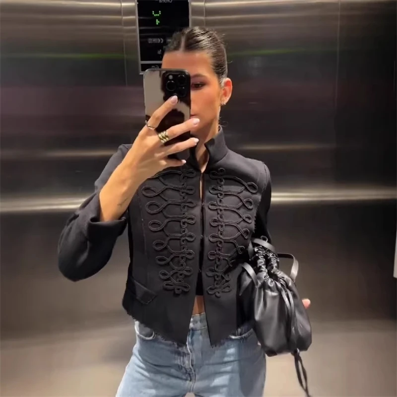 

Stand Collar Military Jacket Women Casual Full Sleeve V-neck Single Breasted Short Jackets 2026 New Fashion Spring Autumn Coats