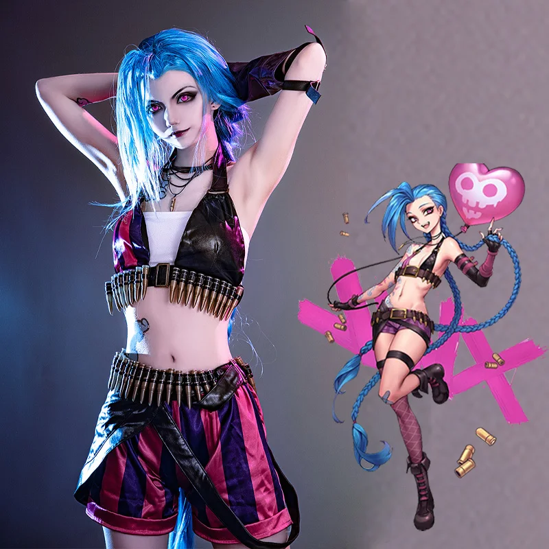 Gra LOL Jinx Arcane przebranie na karnawał tatuaże buty damskie jednolite impreza z okazji Halloween karnawałowy strój akcesoria niebieska długa peruka z warkoczem