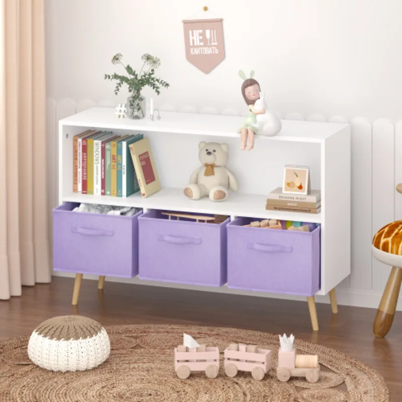 Kids Bookcase With Collapsible Fabric Drawers Children's Book Display Toy Storage Cabinet Organizer White/Purple