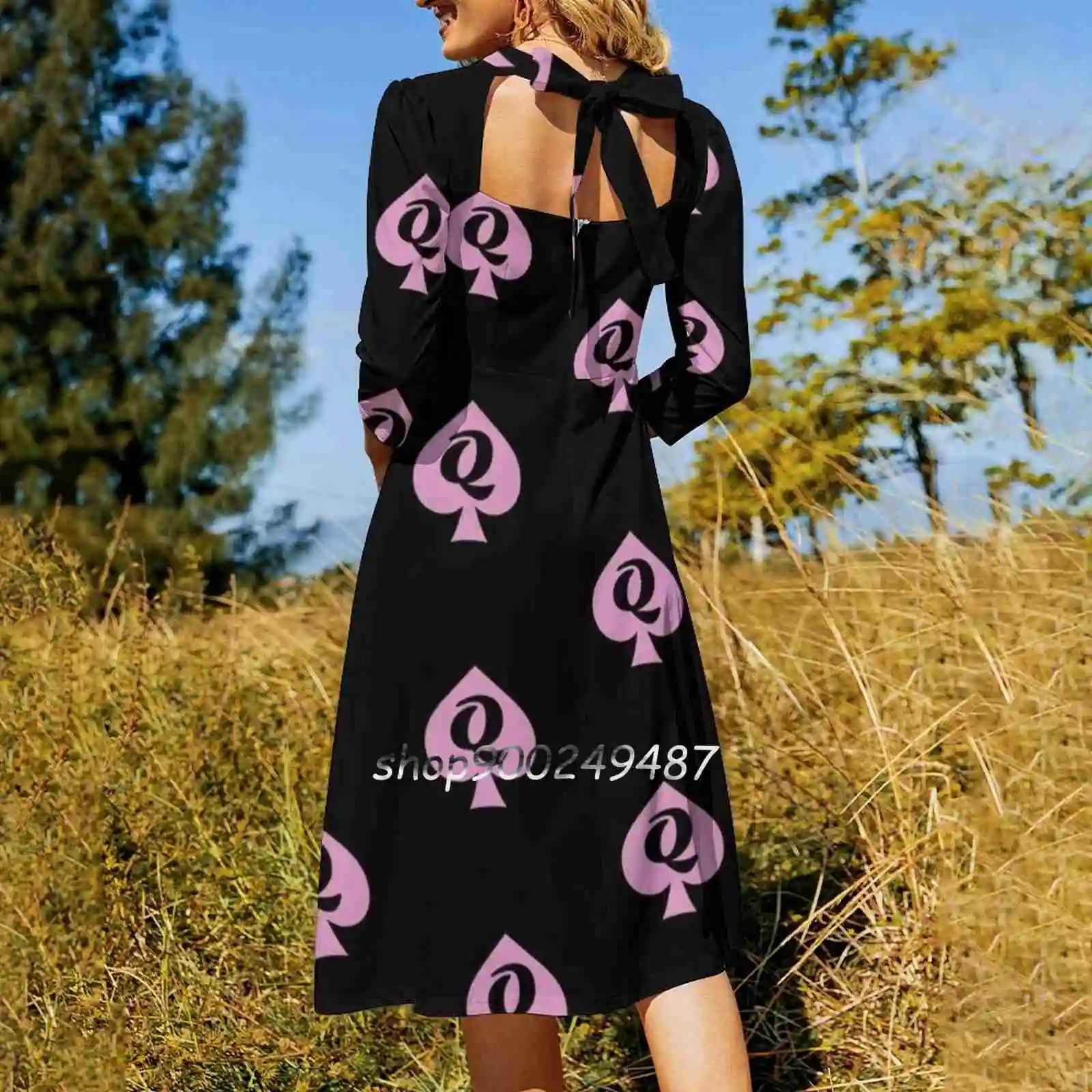 Queen Of Spades Pink And Black Square Neck Dress Sweet Summer Dress Women Elegant Halter Print Dress Qos Spades Queen Queen Of