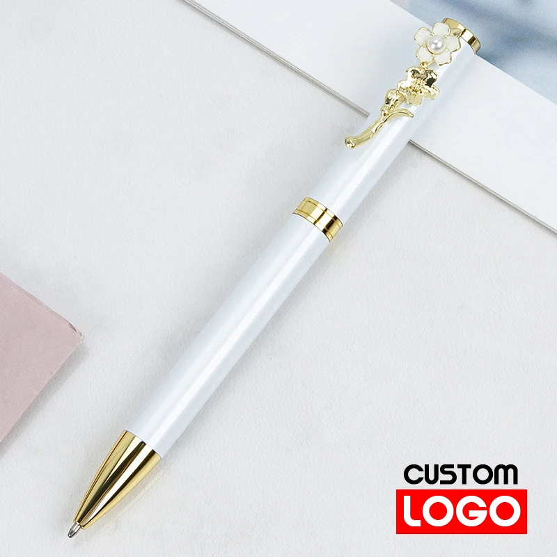 

10pcs Custom Logo or Name Pearl Peach Blossom Ballpoint Pen Exquisite Flowers Metal Material Gel Pen School Office Stationery