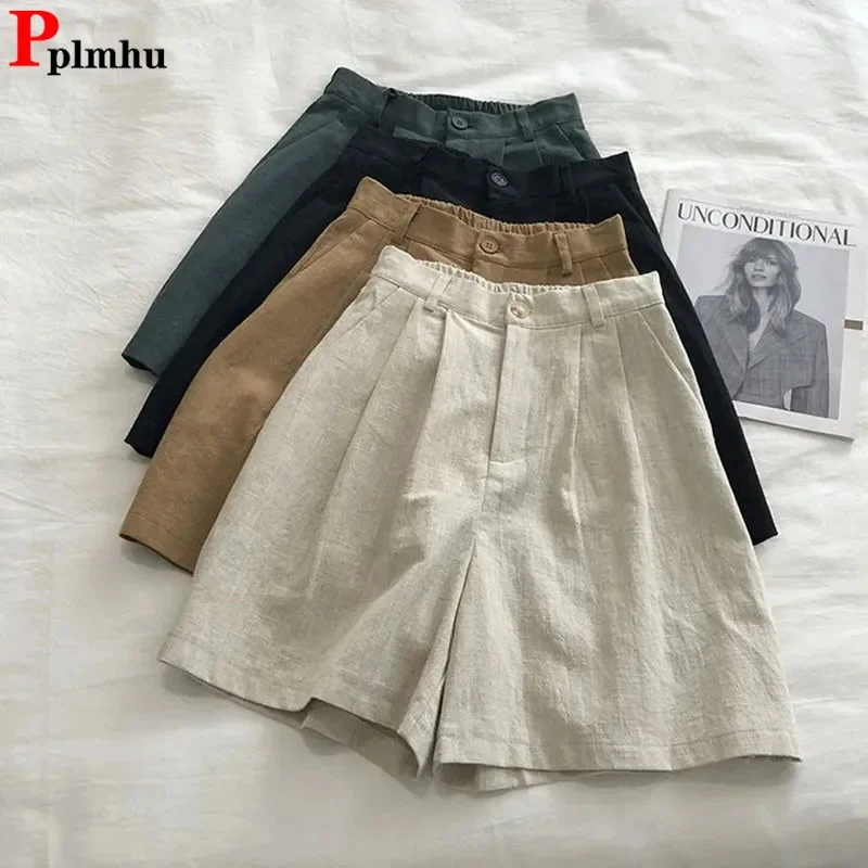 2025 Summer Thin Linen High Waist Shorts Korean Loose Classic Solid Short Pants Women Casual Baggy Wide Leg Pantalones Cortos