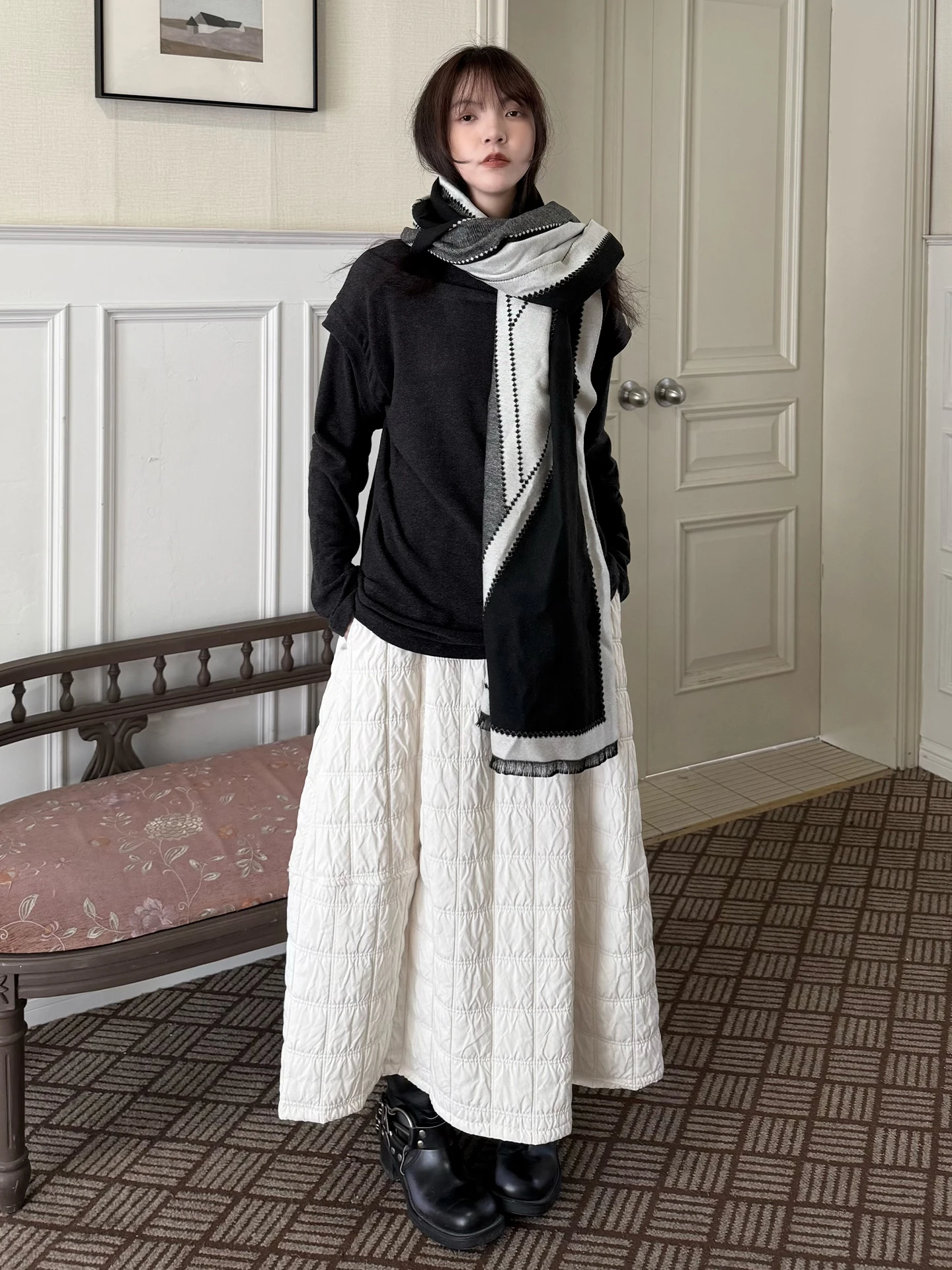 Land And Mountain Island【Cloud Fuzz】Dark Series Double Quilted Cotton A-Line High Waist Slimming Half Skirt Casual Cotton