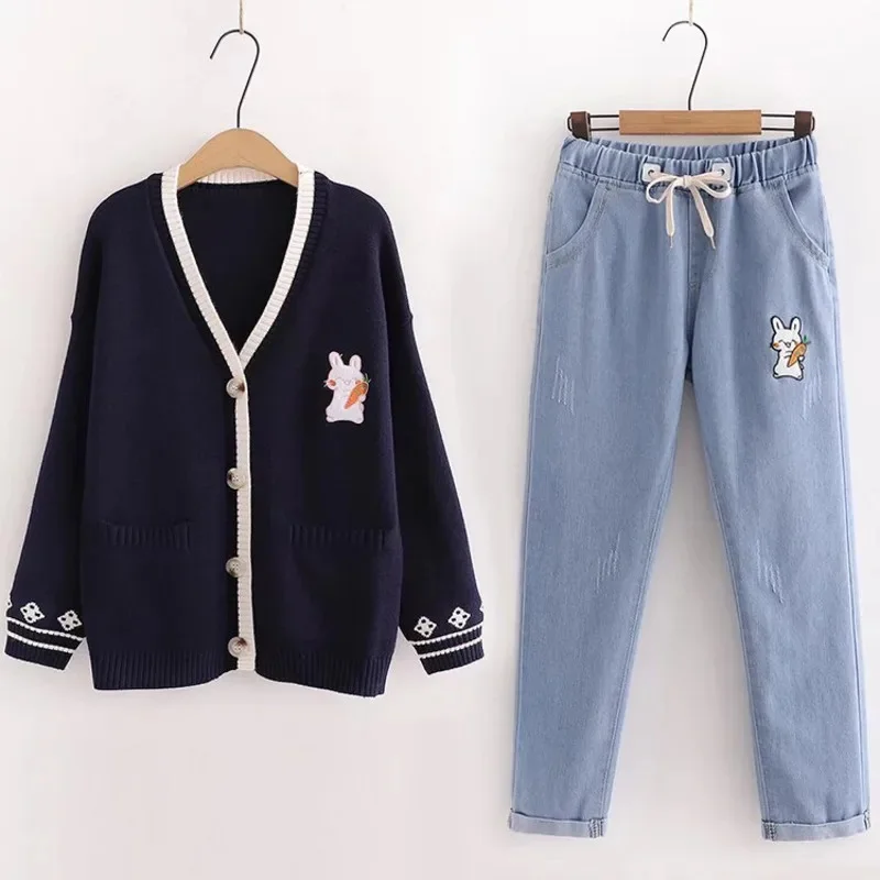 Rabbit Coat Y2K Mori Girl Style Casual Loose Solid Color Funny Cardigan V-Neck Sweater Button Coat Knitted Sweater Set Jeans New