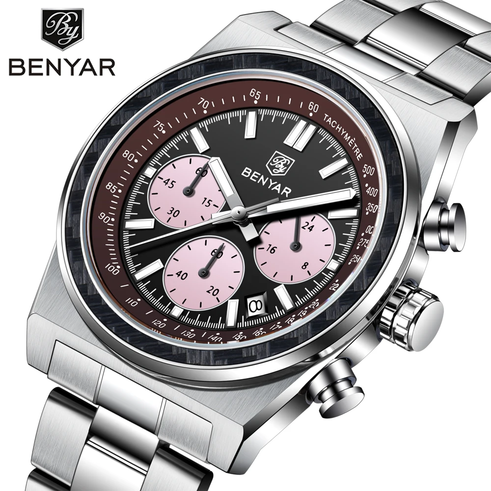 BENYAR 5229 Elegant Quartz Watches for Man Chronograph Luminous Calendar Stainless Steel Strap Business Fashion Men's Wristwatch