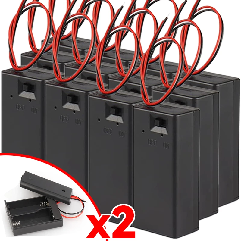 2 Slot 18650 Battery Holder Storage Box Case with Wire Leads on Off Switch Hard Pin Connector for DIY Power Supply Project Boxes