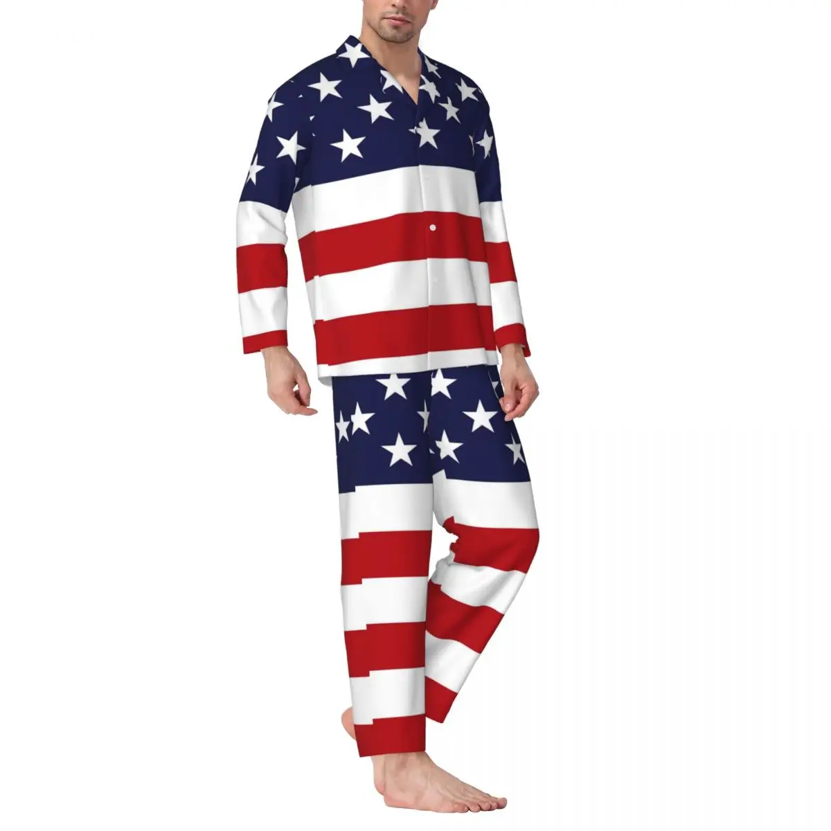 American Flag Pajama Sets White Stars Print Comfortable Sleepwear Man Long Sleeve Aesthetic Bedroom 2 Pieces Nightwear Plus Size