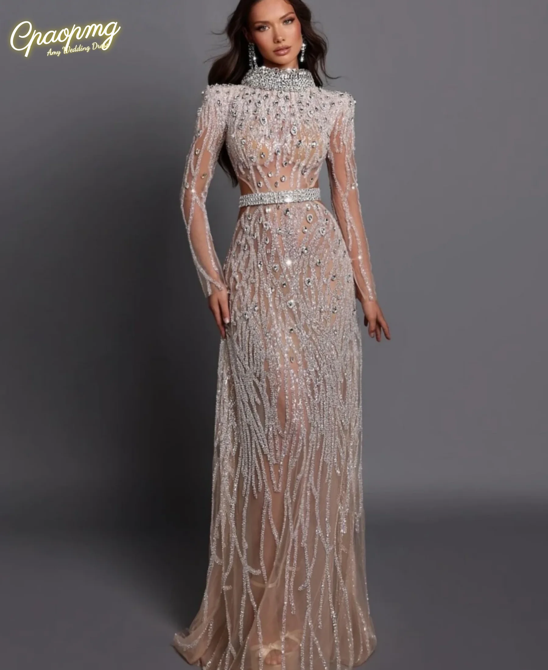 

Индивидуально выполненное роскошное вечернее платье с вышивкой и бисером для женщин, с блестящими кристаллами, длинными рукавами, для свадеб, вечеринок и выпускных балов.