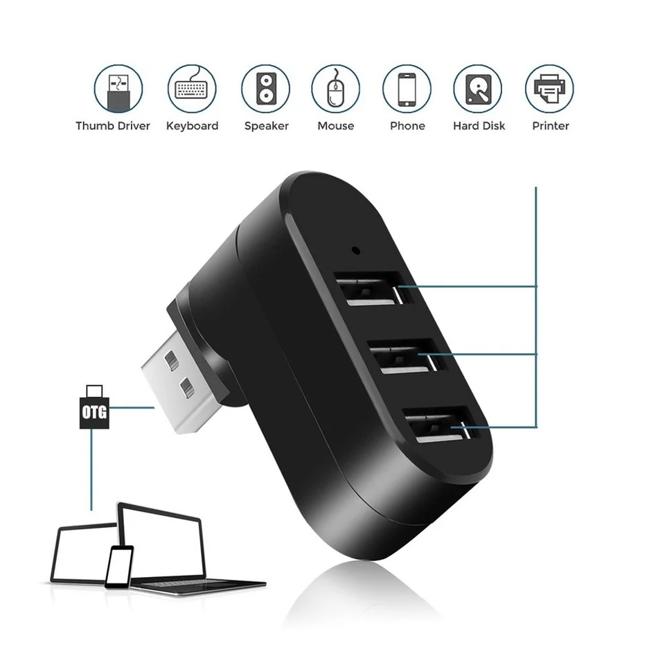 WvvMvv USB Hub 2.0 Adapter Rotate High Speed U Disk Reader Splitter 3 Ports USB 2.0 For Computer PC Laptop Mac Mini Accessories
