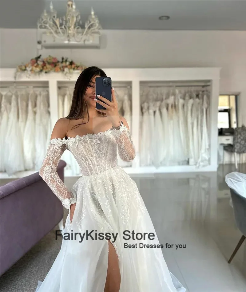 FairyKissy Organza Off The Shoulder Wedding Dress A Line Long Sleeve Lace Side Split Bride Dresses Elegant Wedding Bridal Gowns