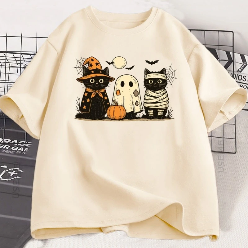 黒猫カボチャ Tシャツ Ghots ゴシック秋猫ママ Tシャツハロウィン不気味な季節プリント Tシャツユニセックス綿通気性トップス