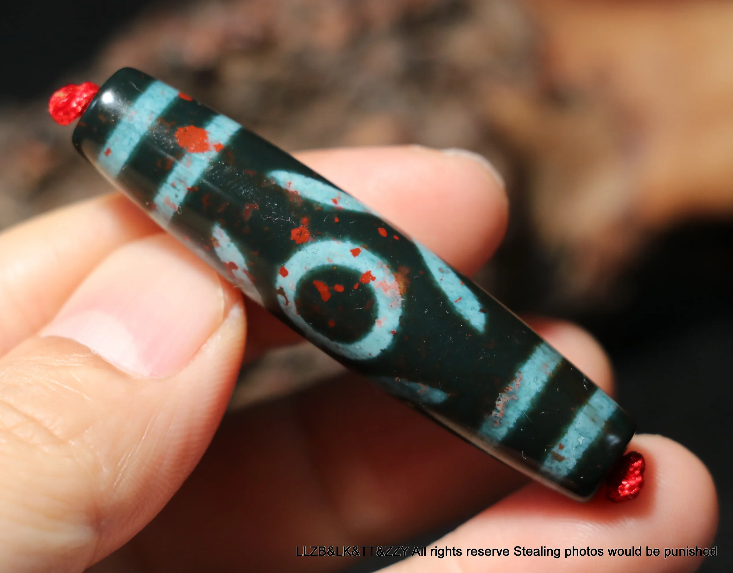 

Unique Magic Power Energy Tibetan Old Agate FULL Cinnabar Dots Guiren Tairen Big Man Symbol dZi Bead Pendant Amulet Talisman RT