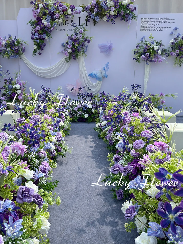 Diep Paars Outdoor Bruiloft Props Kunstbloem Hang Bloem Rij Weg Lood Bloem Bal Bloemen Achtergrond Arrangement Evenement Prop - afbeelding 2
