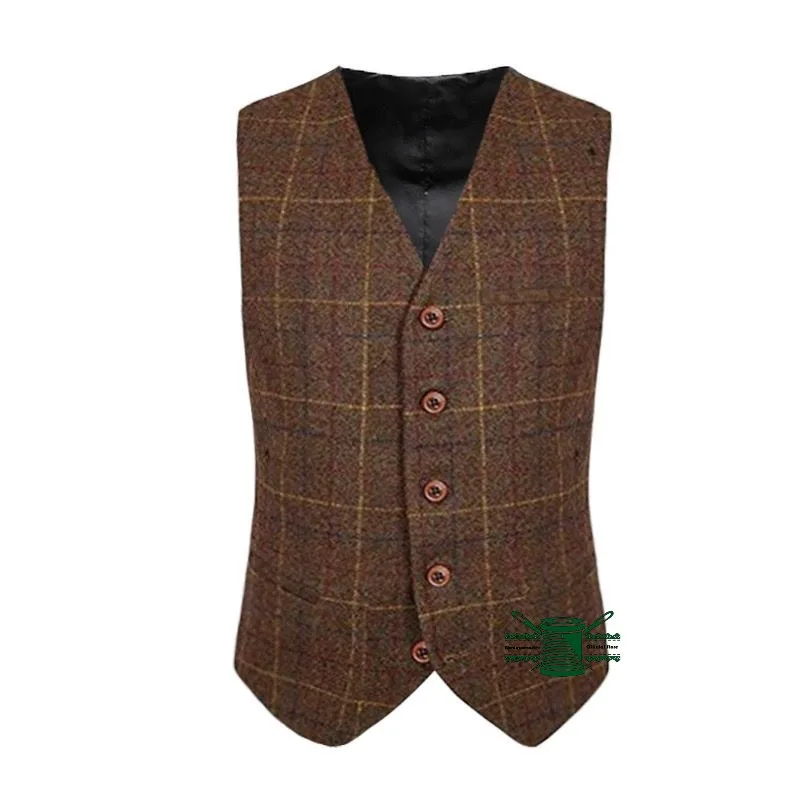 Check Mens Waistcoat Vintage Western Wool Tweed Formal Vests Brown Suits Vest I psc man vest custom made Suits vest