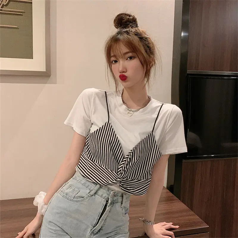 Striped T Shirt Korean Tops Aesthetic Short Sleeve Casual Fashion Women\'s T-shirt Summer Clothes Loose Pulovers Elegant White Xl