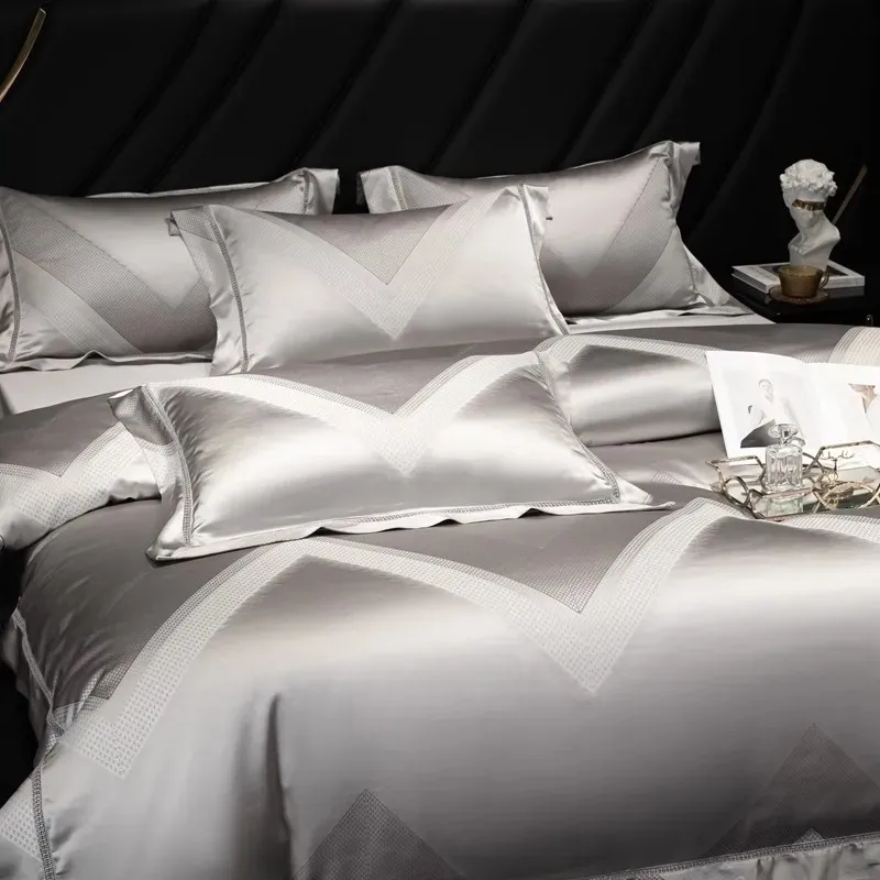 

1000TC Egyptian Cotton Quality Silver Satin Jacquard Duvet Cover Set 4Pcs Luxury Classic Bedding Set 1 flat sheet 2 Pillowcases