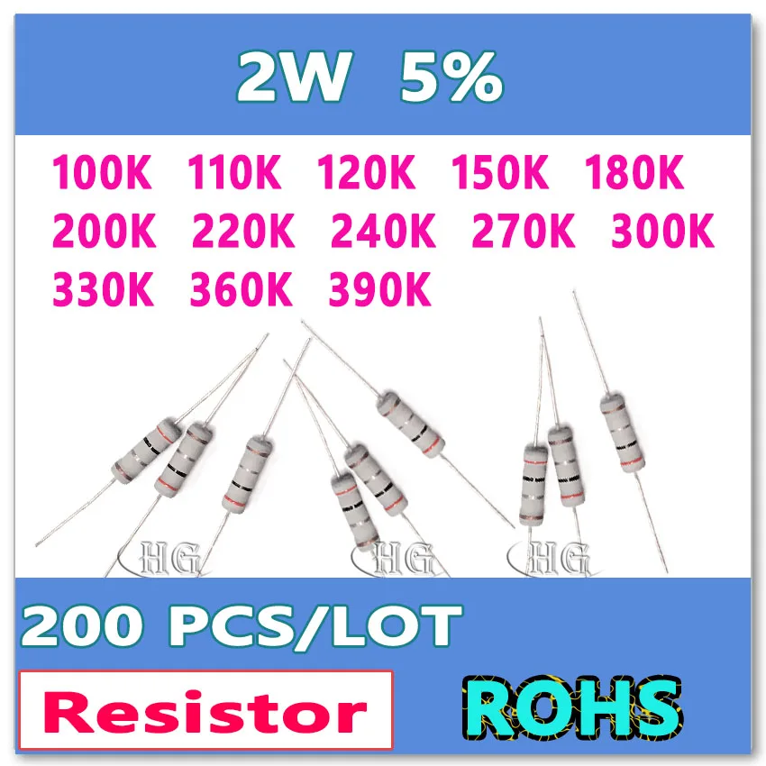 JASNPROSMA-Résistance OHM DIP à film de carbone, 200 pièces, Uno 5%, 2W, 100K, 110K, 120K, 150K, 180K, 200K, 220K, 240K, 270K, 300K, 330K, 360K, 390K