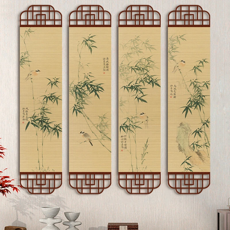 

Zhubao Ping'an Bamboo Wall Art, Flower Bird Painting, Tea Room Study Scroll Hanging Decor, Home Wall Decor for Living Room​