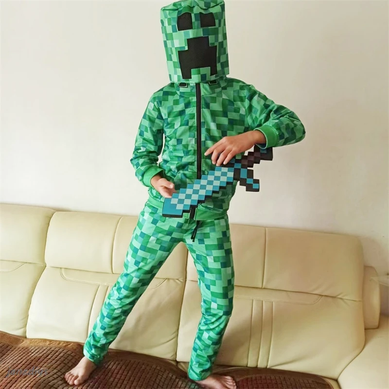 New Sportswear Kids Children Halloween Green Cosplay Costume Funny clothing Birthday Party boys M-Creeper games Set Headgear