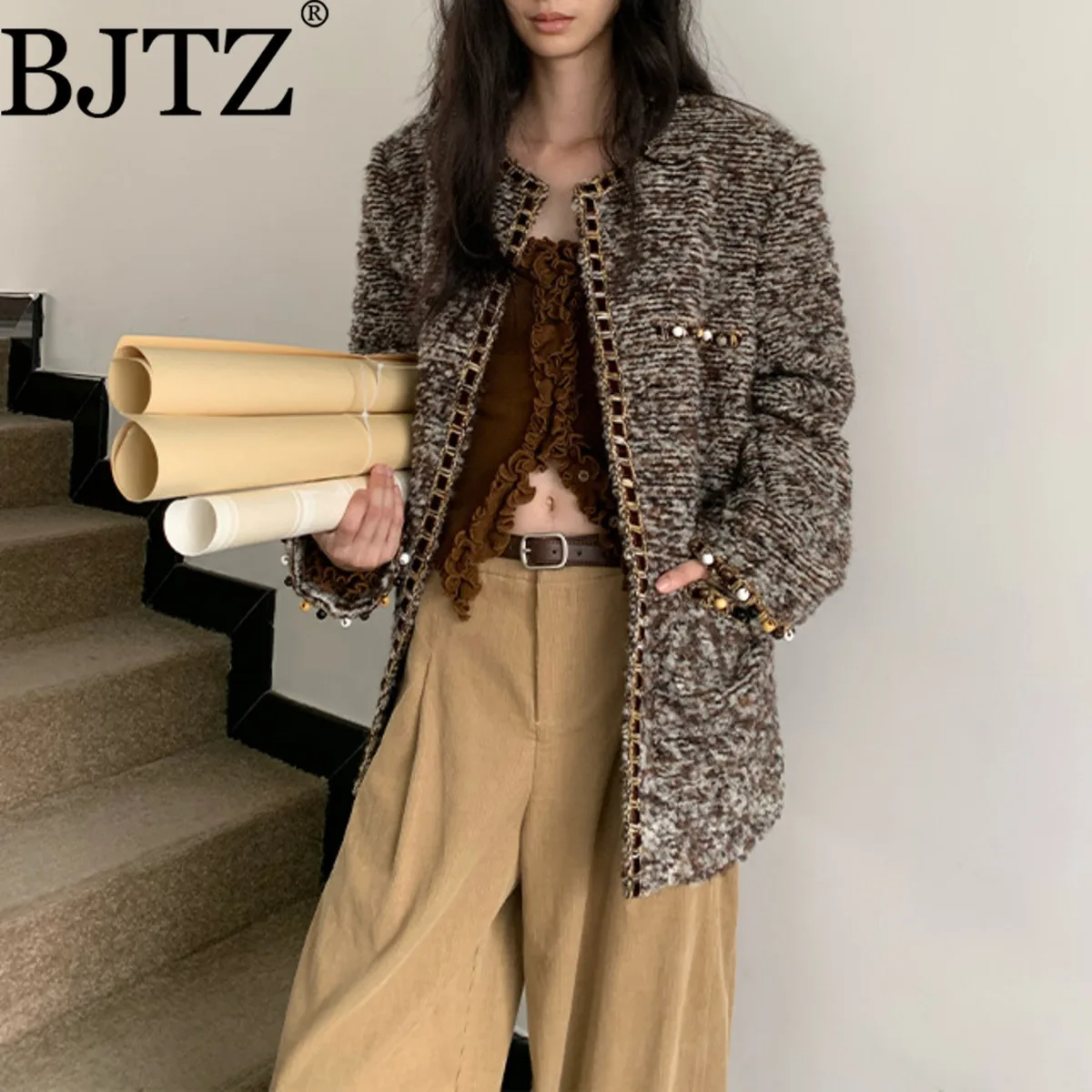 

BJTZ женская зимняя твидовая куртка, стеганый кардиган из смеси шерсти, теплая верхняя одежда на осень