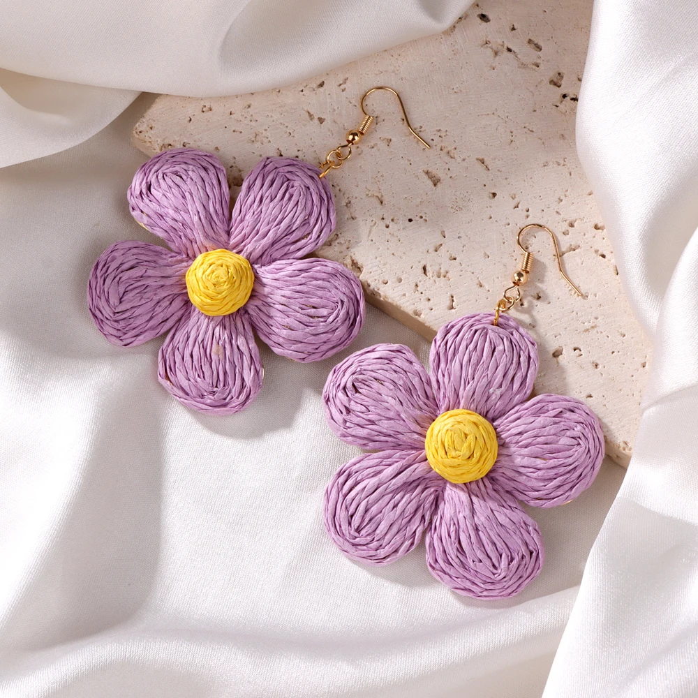 Purple Raffia Flower Pendent Earring Cute Handmade Raffia Flower Hook Earring Summer Party Holiday Jewelry Gift For Women Friend