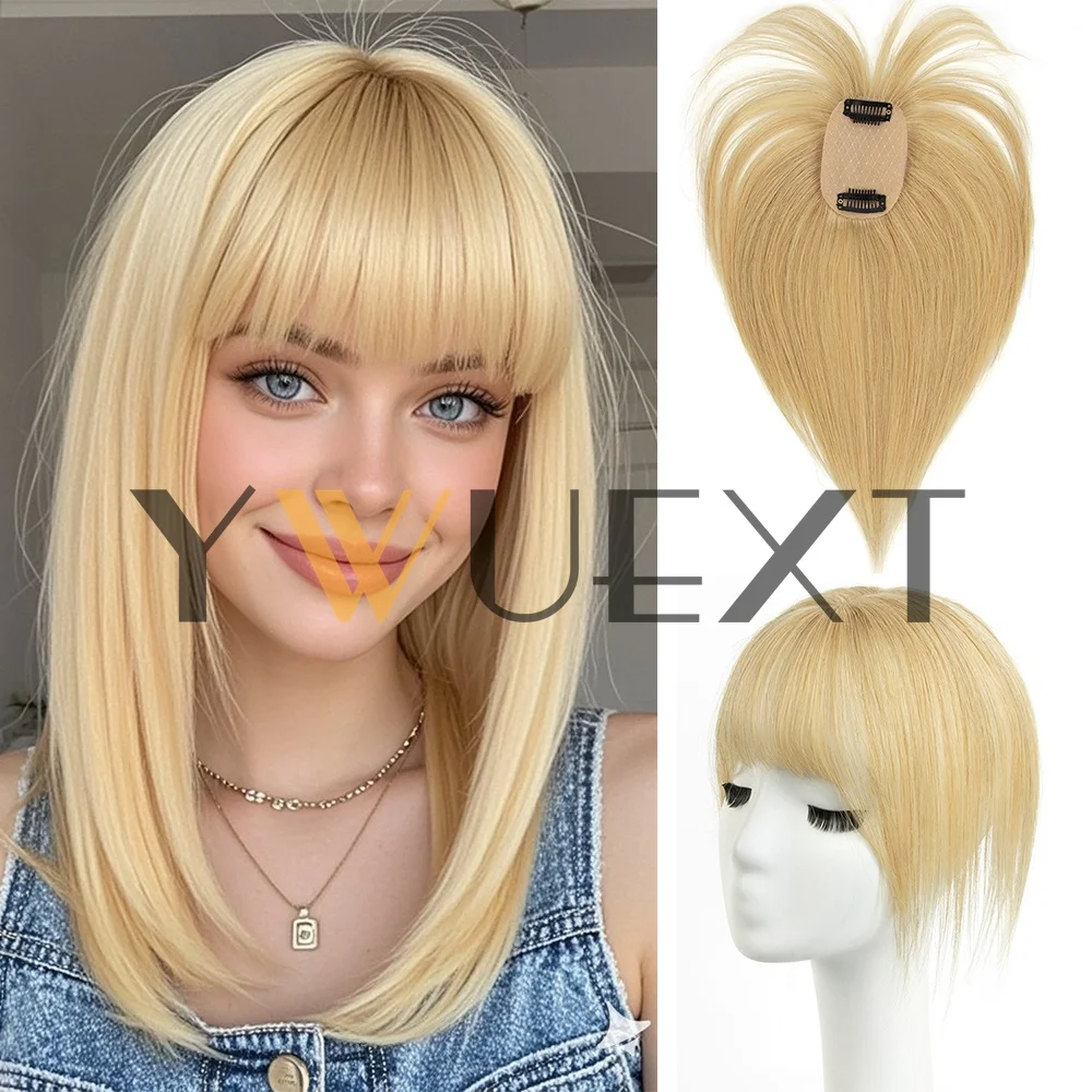 Honey Gold 5x9cm Human Hair Topper Hair Piece Top Base Middle Part with Bangs 10 Colors Available for Women Hair Loss or Bangs Hairstyle