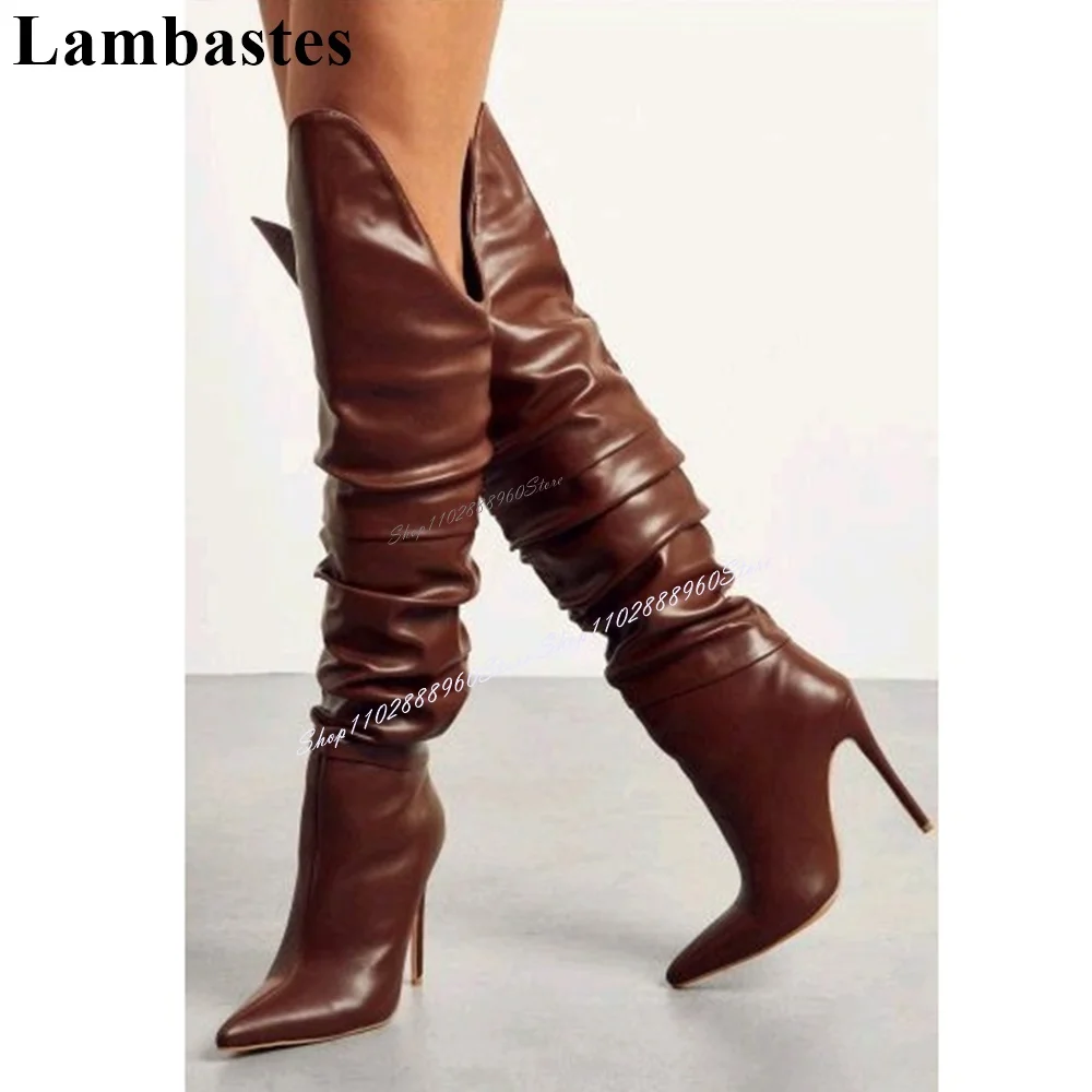 Knee High Khaki Pleated Leather V-top Boots Thin High Heel Women Shoes Slip-On Pointed Toe 2024 Fashionable Zapatos Para Mujere