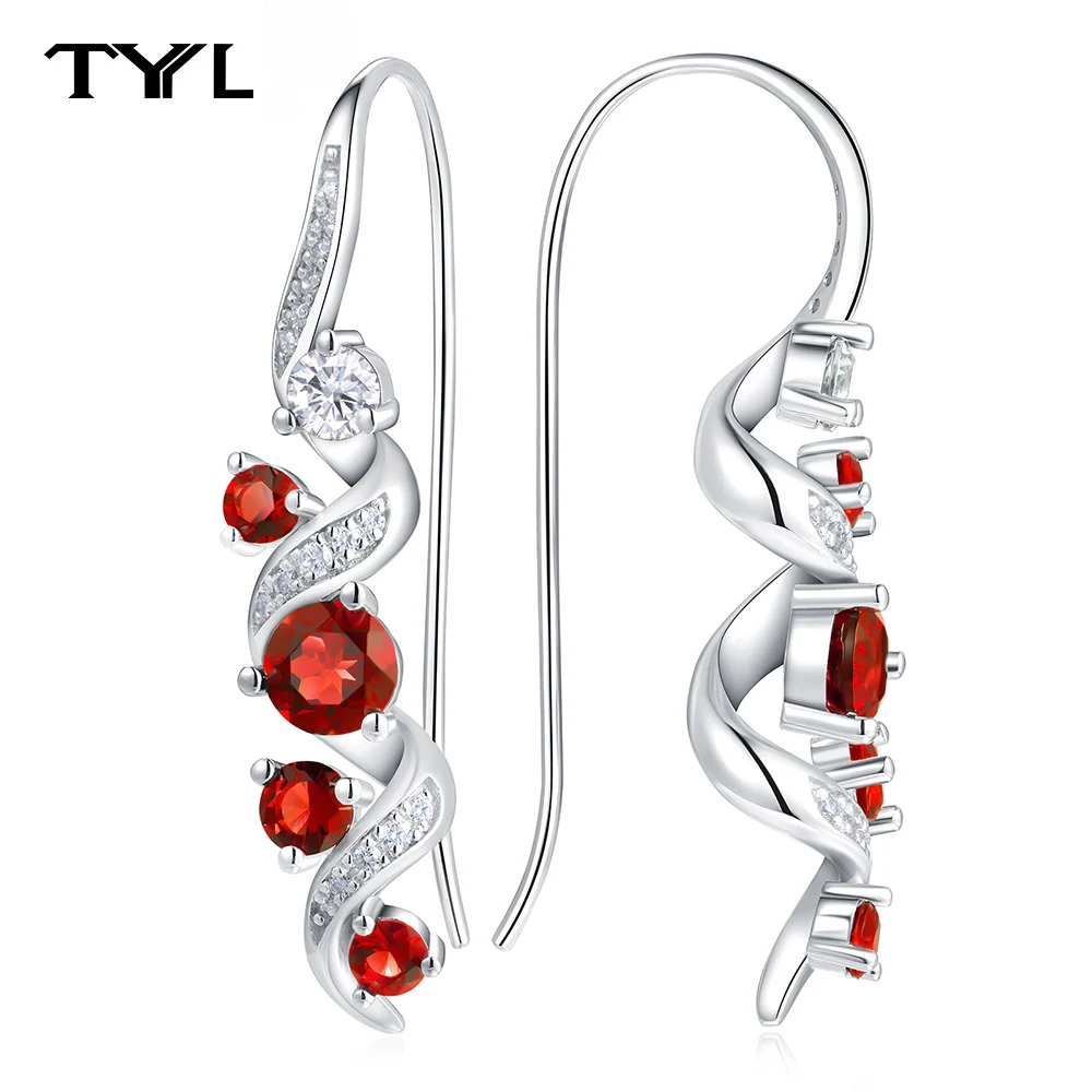 

TYYL Ruby Sapphire Emerald Moissanite Long Ear Hook Needle Spiral Drop Earrings 925 Silver Wire Piercing Women's Wedding Jewelry
