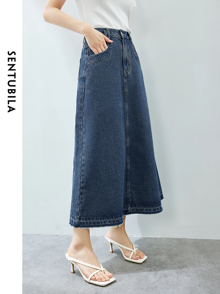 SENTUBILA Koreańska bawełna 100% sprany dżins Maxi Spódnica 2024 Summer Solid Commuter Loose Casual A-line Długie jeansowe spódnice W42Q53279