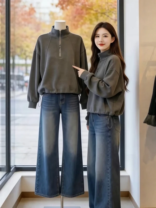 

Свободная женская толстовка с длинным рукавом больших размеров, весна 2026, в корейском стиле, с воротником-стойкой на молнии, повседневная, удобная, стройнящая, топ