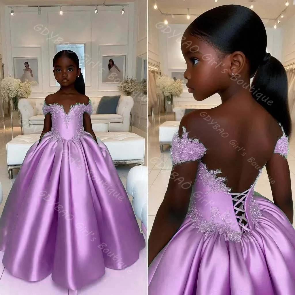 فستان فتاة الزهور الزرقاء لحفلات الزفاف 2-14 أطفال بدون أكتاف مزين بحفلات من الساتان مشد خلفي فستان عيد ميلاد الأميرة مخصص