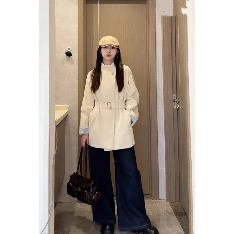 سترة واقية الوقوف طوق معطف الربيع والخريف جديد الخصر صغير متوسط طول معطف الموضة البريطانية فضفاضة