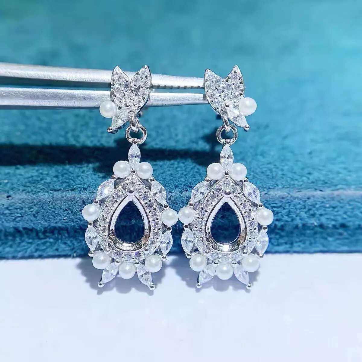 

MeiBaPJ 5mm*7mm Water Drop Stones DIY 925 Silver Empty Setting Fashion Stud Earrings Fine Charm Wedding Jewelry for Women