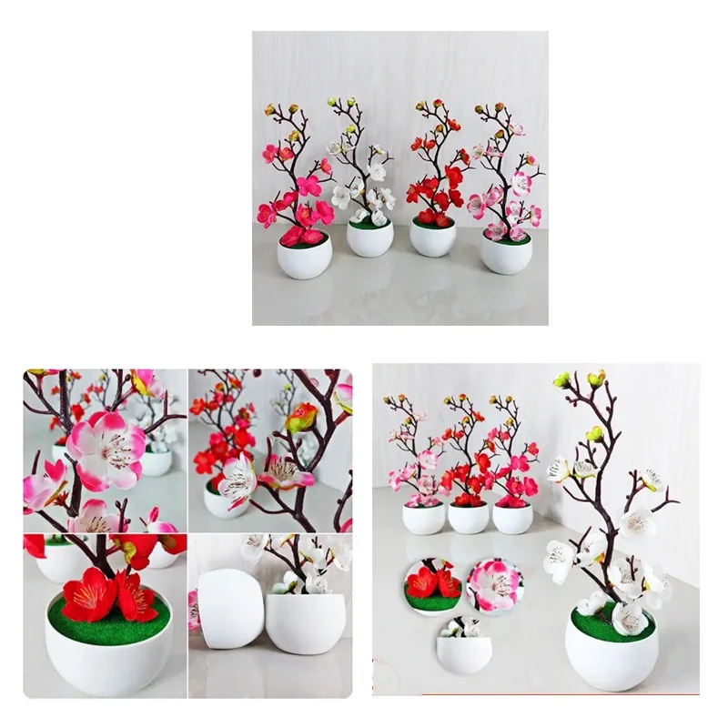 Luxuriöse Pflaumenblüten-Topfpflanze aus Seide, realistisches, lichtbeständiges Blumendekor für Hochzeits-Mittelstücke, Heimbüro-Tisch-Styling
