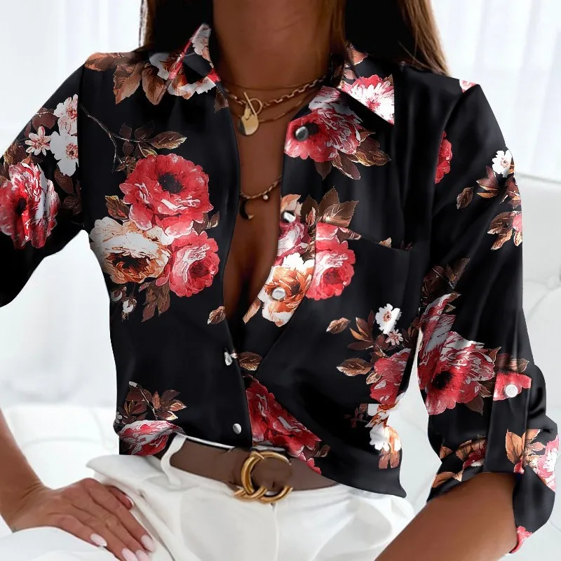 Spring Top Casual Floral Print Long Sleeved Blouse Female Fashionable Lapel Single Breasted Letter Shirt For Women Femme Bluasas