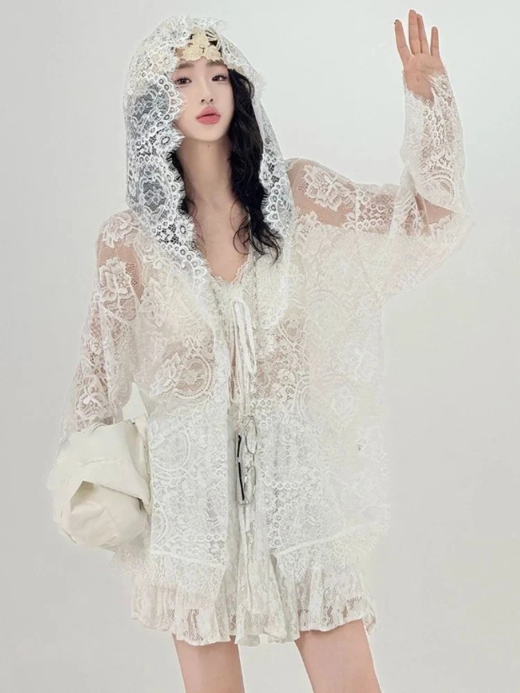 

2025 Blouses For Women Lace Long Sleeve Loose Shirts Jackets Hooded See Through Blouse Casual Fashion Bandage Temperament Tops