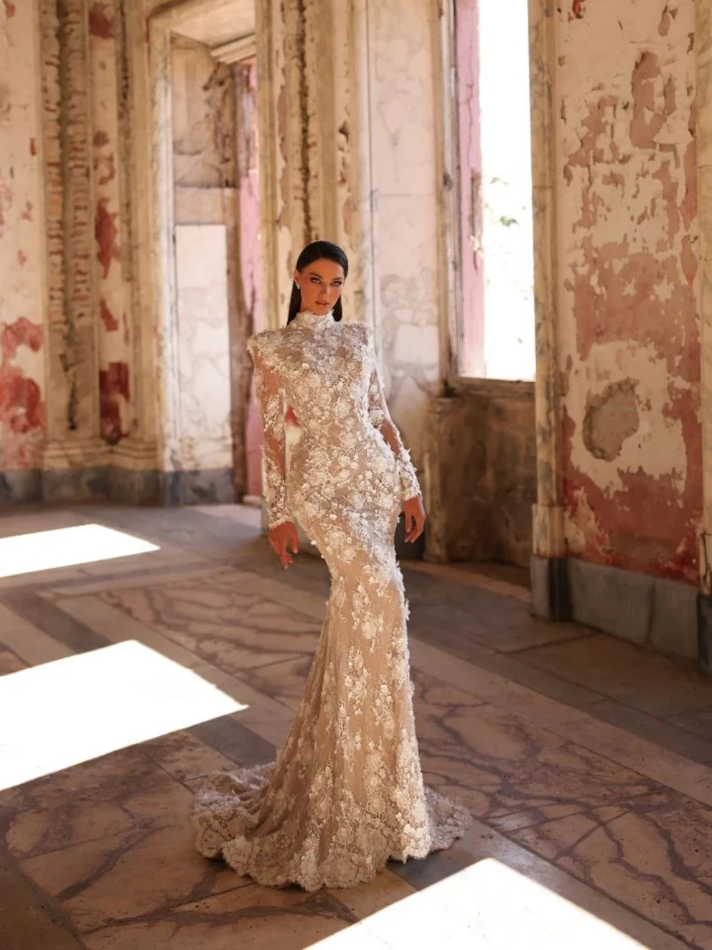 حالمة الدانتيل ثلاثية الأبعاد زهرة حورية البحر فستان زفاف طويل متواضع عالية طوق فستان زفاف 2026 جديد مخصص مفتوح الظهر فساتين للعروس #4