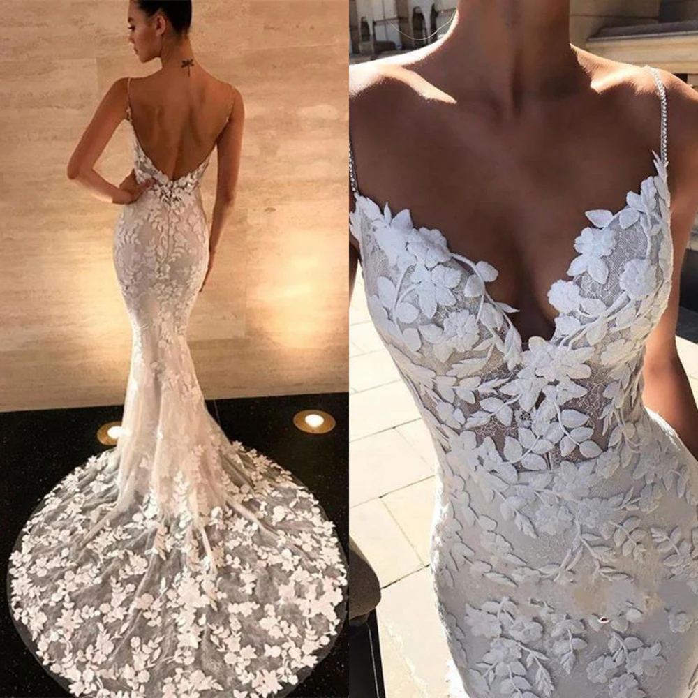 Vintage Wedding Dresses Mermaid Summer Sexy Backless V Neck Lace Spaghetti Straps Bridal Gowns Vestido De Novia Custom Made