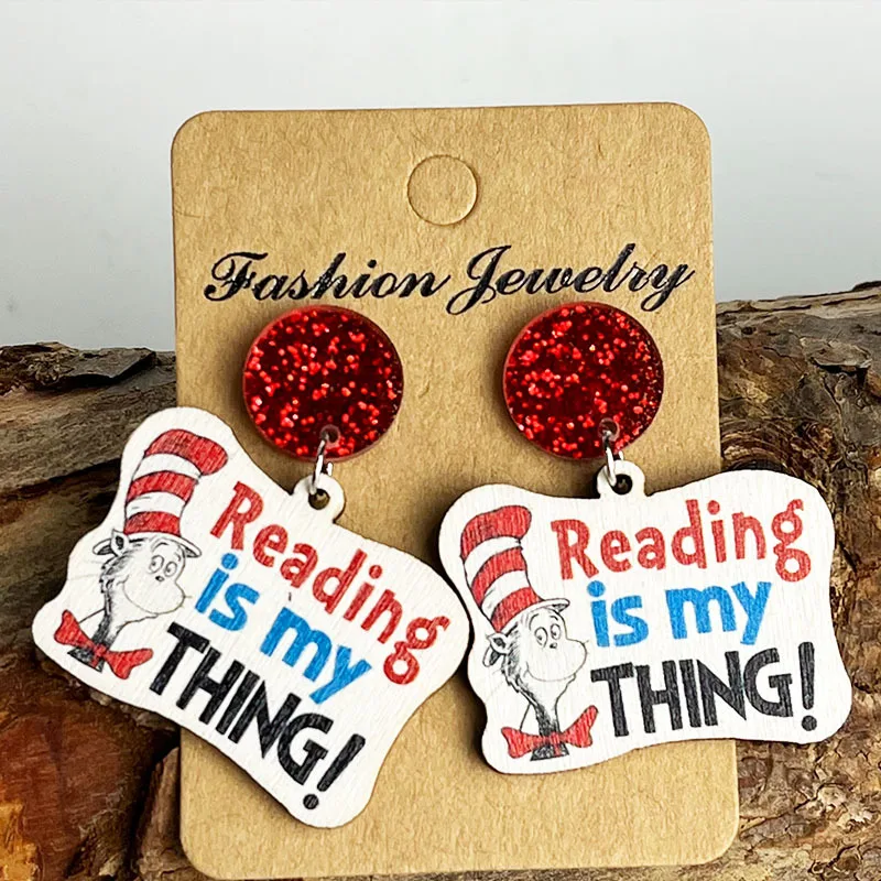 Sparkling red earrings for teachers to read fun gentlemen\'s hats for cats  wooden printed earrings for teachers students jewelry